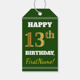 Étiquettes-cadeau Vert, Faux Gold 13e anniversaire + Nom personnalis