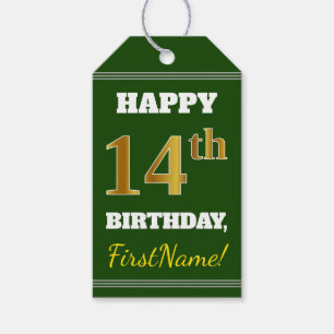 Étiquettes-cadeau Vert, Faux Gold 14e anniversaire + Nom personnalis