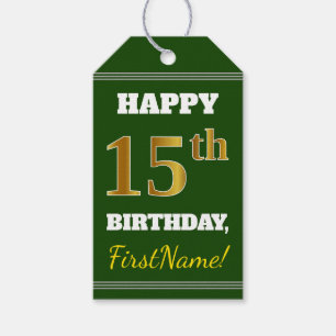 Étiquettes-cadeau Vert, Faux Gold 15e anniversaire + Nom personnalis