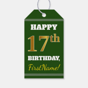 Étiquettes-cadeau Vert, Faux Gold 17e anniversaire + Nom personnalis