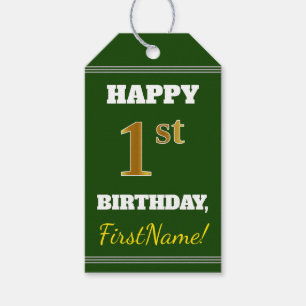 Étiquettes-cadeau Vert, Faux Gold 1er anniversaire + Nom personnalis