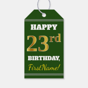 Étiquettes-cadeau Vert, Faux Gold 23ème anniversaire + Nom personnal