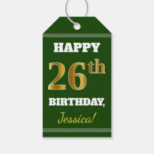 Étiquettes-cadeau Vert, Faux Gold 26e anniversaire + Nom personnalis