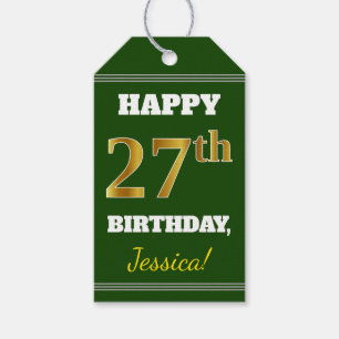 Étiquettes-cadeau Vert, Faux Gold 27e anniversaire + Nom personnalis
