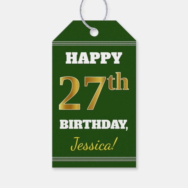 Étiquettes-cadeau Vert, Faux Gold 27e anniversaire + Nom personnalis (Devant)
