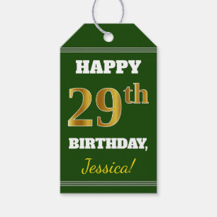 Étiquettes-cadeau Vert, Faux Gold 29e anniversaire + Nom personnalis