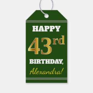Étiquettes-cadeau Vert, Faux Gold 43ème anniversaire + Nom personnal