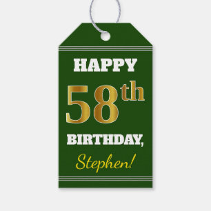 Étiquettes-cadeau Vert, Faux Gold 58e anniversaire + Nom personnalis
