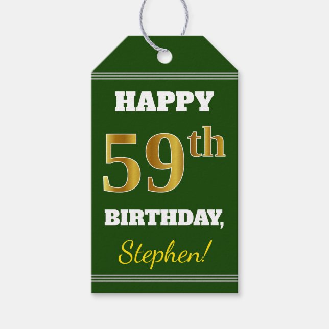 Étiquettes-cadeau Vert, Faux Gold 59e anniversaire + Nom personnalis (Devant)
