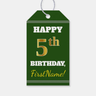 Étiquettes-cadeau Vert, Faux Gold 5e anniversaire + Nom personnalisé
