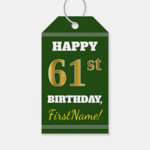 Étiquettes-cadeau Vert, Faux Gold 61e anniversaire + Nom personnalis