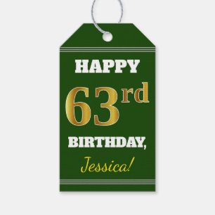 Étiquettes-cadeau Vert, Faux Gold 63e anniversaire + Nom personnalis
