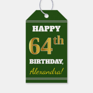 Étiquettes-cadeau Vert, Faux Gold 64e anniversaire + Nom personnalis