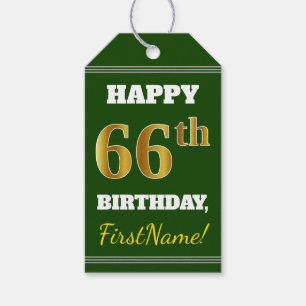 Étiquettes-cadeau Vert, Faux Gold 66e anniversaire + Nom personnalis