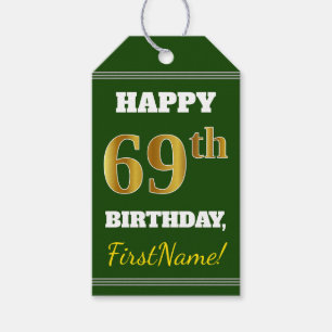 Étiquettes-cadeau Vert, Faux Gold 69e anniversaire + Nom personnalis