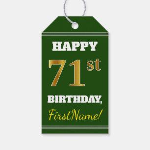 Étiquettes-cadeau Vert, Faux Gold 71e anniversaire + Nom personnalis