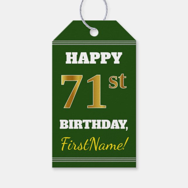 Étiquettes-cadeau Vert, Faux Gold 71e anniversaire + Nom personnalis (Devant)