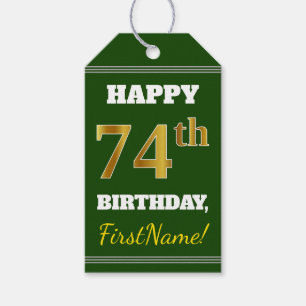 Étiquettes-cadeau Vert, Faux Gold 74e anniversaire + Nom personnalis