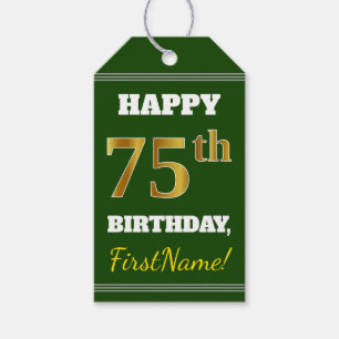 Étiquettes-cadeau Vert, Faux Gold 75e anniversaire + Nom personnalis