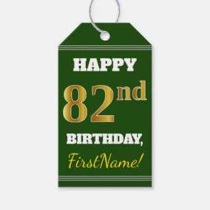 Étiquettes-cadeau Vert, Faux Gold 82e anniversaire + Nom personnalis