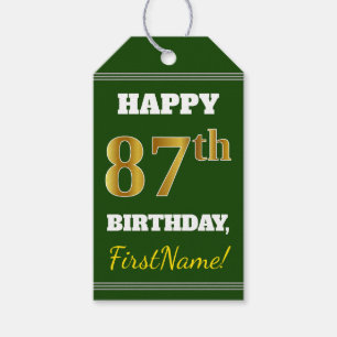 Étiquettes-cadeau Vert, Faux Gold 87e anniversaire + Nom personnalis