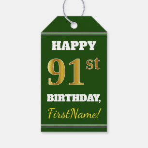 Étiquettes-cadeau Vert, Faux Gold 91ème anniversaire + Nom personnal