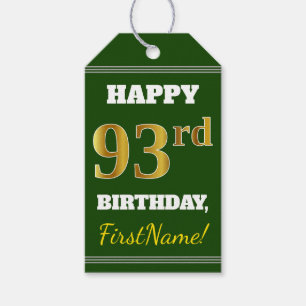 Étiquettes-cadeau Vert, Faux Gold 93ème anniversaire + Nom personnal