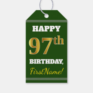 Étiquettes-cadeau Vert, Faux Gold 97e anniversaire + Nom personnalis