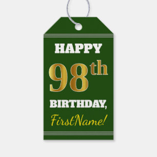 Étiquettes-cadeau Vert, Faux Gold 98e anniversaire + Nom personnalis