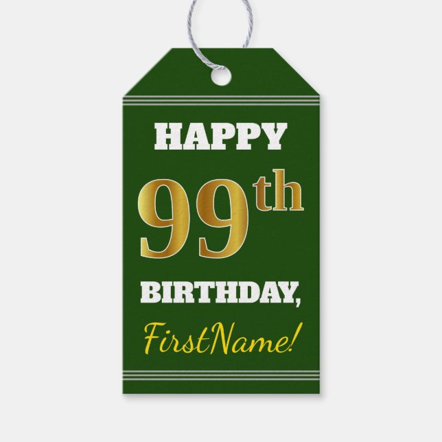 Étiquettes-cadeau Vert, Faux Gold 99e anniversaire + Nom personnalis (Devant)