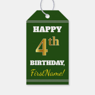 Étiquettes-cadeau Vert, Faux Or 4ème anniversaire + Nom personnalisé
