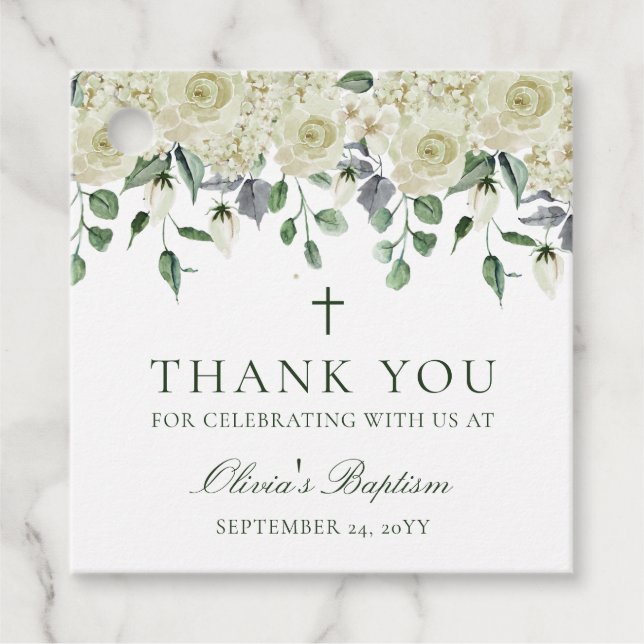 Étiquettes Cadeau Vert floral blanc Baptême Merci Favoriser (Devant)