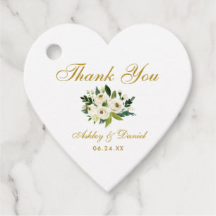 Étiquettes Cadeau Vert Floral Mariage or Merci coeur