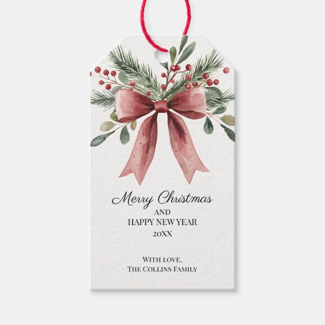 Étiquettes-cadeau Vert Holly Berries Aquarelle Bow rouge Noël (Devant)