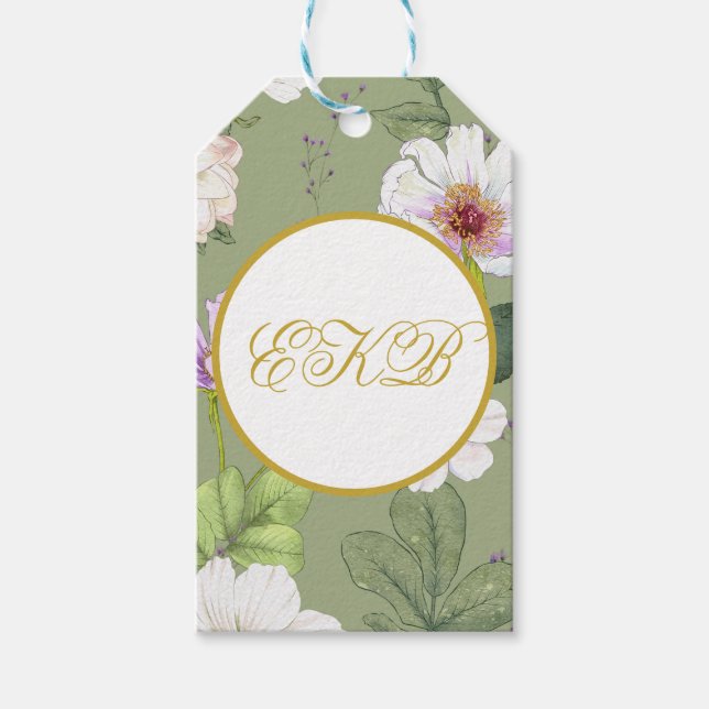 Étiquettes-cadeau Vert Or Floral Élégant âge moderne (Devant)