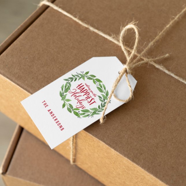 Étiquettes-cadeau Verte aquarelle couronne vacances les plus heureus (Créateur téléchargé)