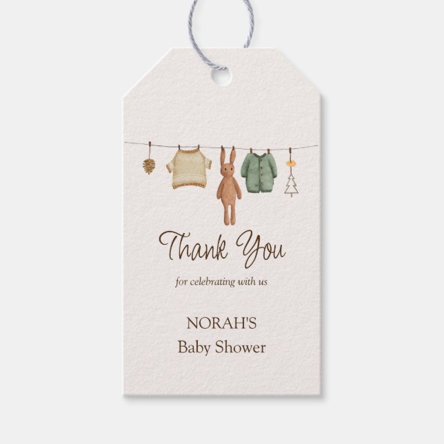Étiquettes-cadeau Vêtements Boho minimaux Merci Baby shower (Devant)