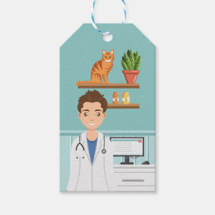 Étiquettes-cadeau Vétérinaire Homme Vétérinaire Guy Avec Orange Chat