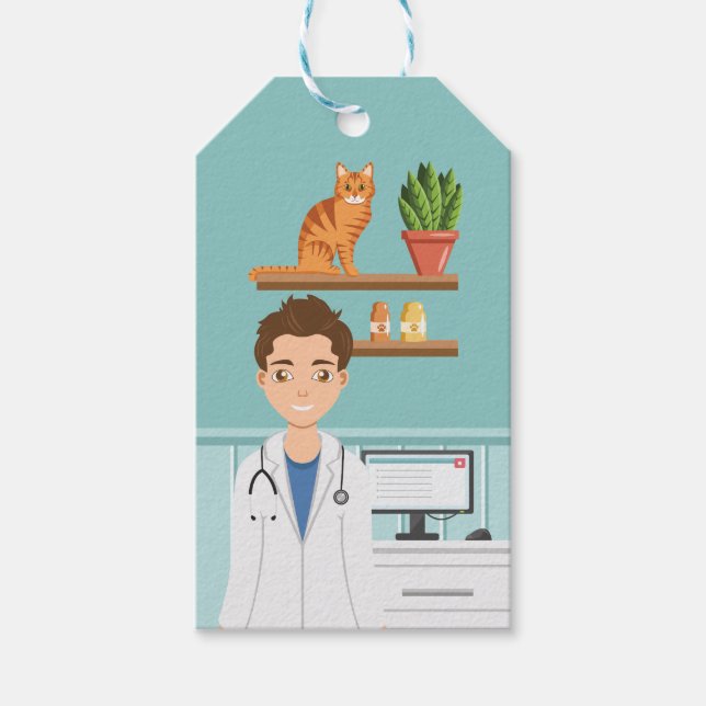 Étiquettes-cadeau Vétérinaire Homme Vétérinaire Guy Avec Orange Chat (Devant)