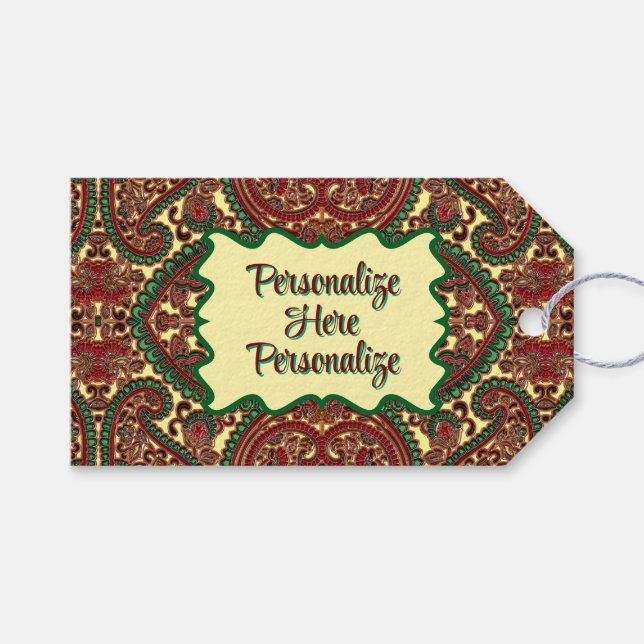 Étiquettes-cadeau Victorian paisley pattern elegant red green gold (Devant (Horizontal))