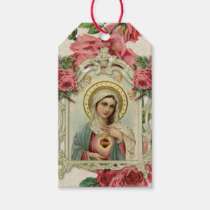 Étiquettes-cadeau Vierge religieuse Marie Immaculée Coeur Roses