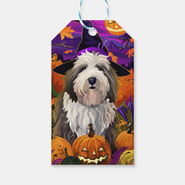 Étiquettes-cadeau Vieux anglais Sheepdog Halloween sorcier Citrouill (Devant)