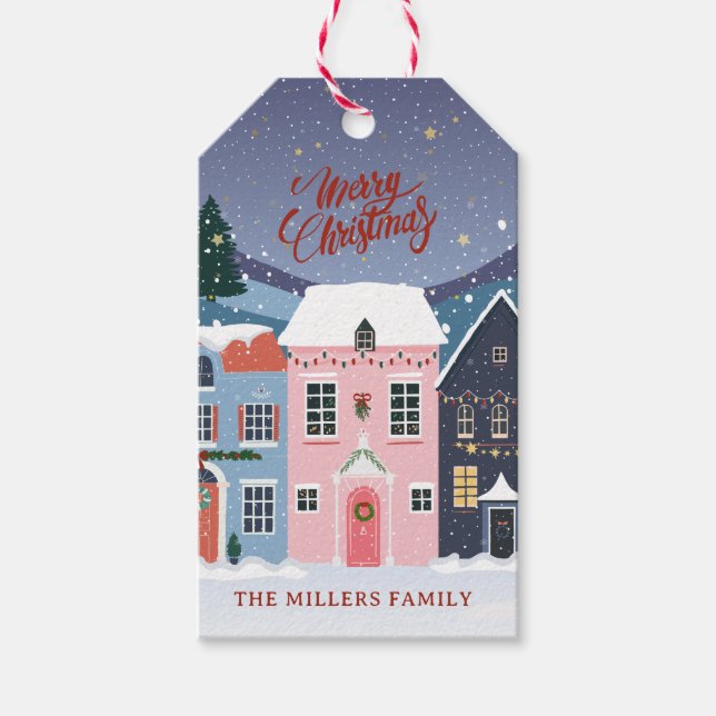 Étiquettes-cadeau Village de Noël, bleu (Devant)
