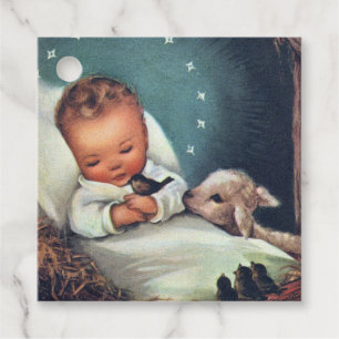Étiquettes Cadeau Vintage Bébé Jésus Dormir Avec Un Agneau