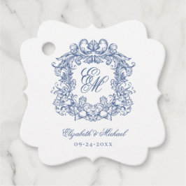 Étiquettes Cadeau Vintage bleu Élégant Script Monogram Crest Mariage