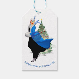 Étiquettes-cadeau Vintage dame en bleu voeux de Noël