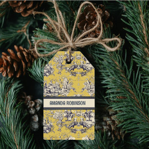 Étiquettes-cadeau Vintage lac fleuri jaune toile de jouy monogramme