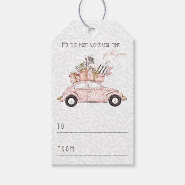 Étiquettes-cadeau Vintage Voiture rose Noël (Devant)