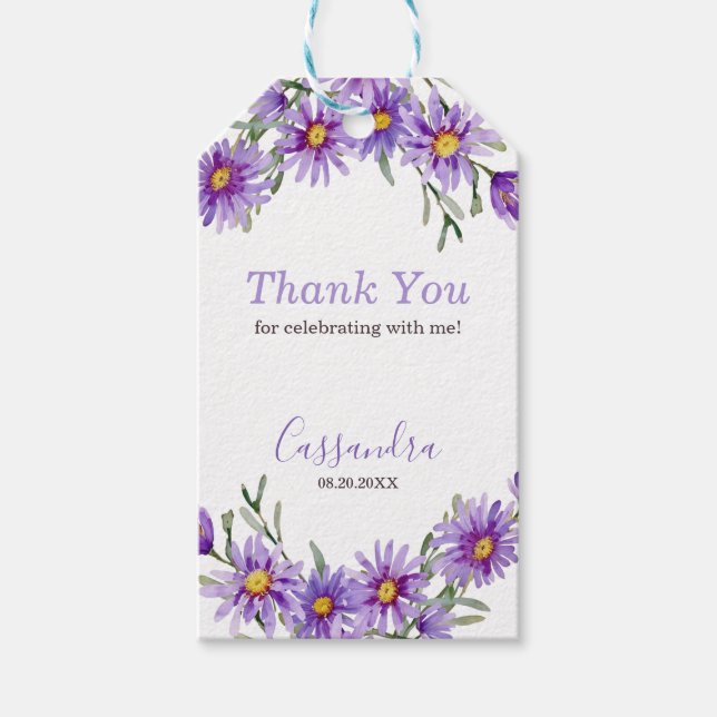 Étiquettes-cadeau Violet Aster Floral Merci d'anniversaire (Devant)