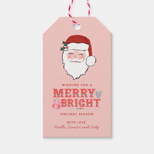 Étiquettes-cadeau Visage Père Noël joyeux | Joyeux et lumineux (Devant)